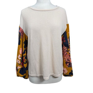 Umgee Waffle Knit Top Floral Balloon Sleeve Womens Medium Boho Casual